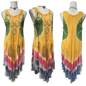 Women Embroidered Tie Dye Midi Swing Dress Free Size Beachy Boho Festival Hippie
